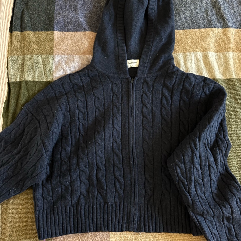Aritzia Sunday Best navy cable knit zip cardigan